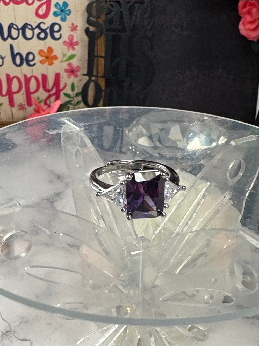 Purple Solitaire Gem Ring with Side Accents - Women Jewelry